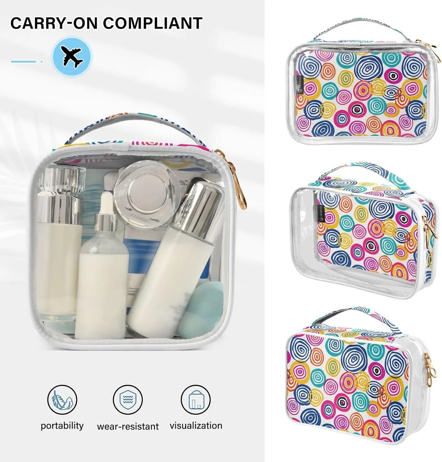 MNSRUU Clear Makeup Bags Circle Color Toiletry Bag for Women 2 PCS Waterproof Clear Bags Clear Travel Toiletry Bag Small Cosmetic Makeup Bag, Carry on Airport Airline Compliant Bag