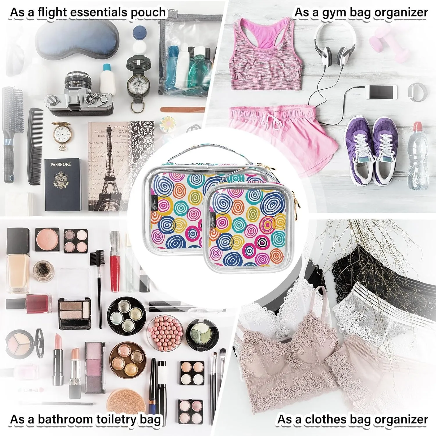 MNSRUU Clear Makeup Bags Circle Color Toiletry Bag for Women 2 PCS Waterproof Clear Bags Clear Travel Toiletry Bag Small Cosmetic Makeup Bag, Carry on Airport Airline Compliant Bag