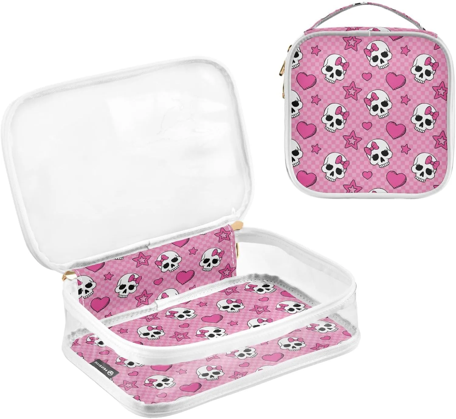 MNSRUU Clear Makeup Bags Pink Skull Girl Toiletry Bag for Women 2 PCS Waterproof Clear Bags Clear Travel Toiletry Bag Small Cosmetic Makeup Bag, Carry on Airport Airline Compliant Bag