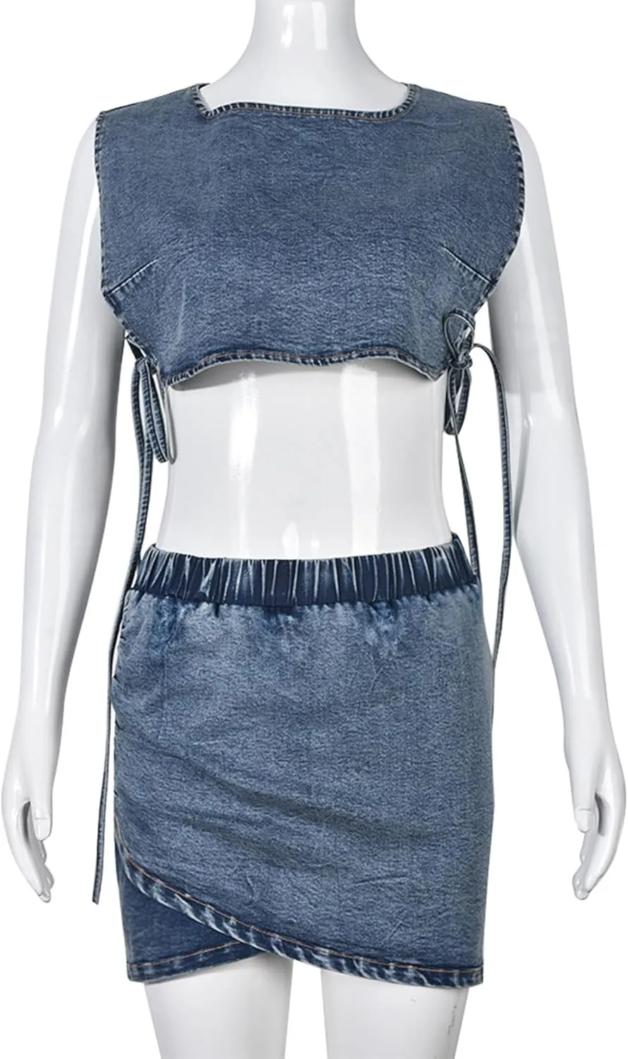 Molisry Women's 2 Piece Outfits Denim Sexy Sleeveless Tank Crop Top Elastic High Waisted Mini Jean Wrap Skirt Sets