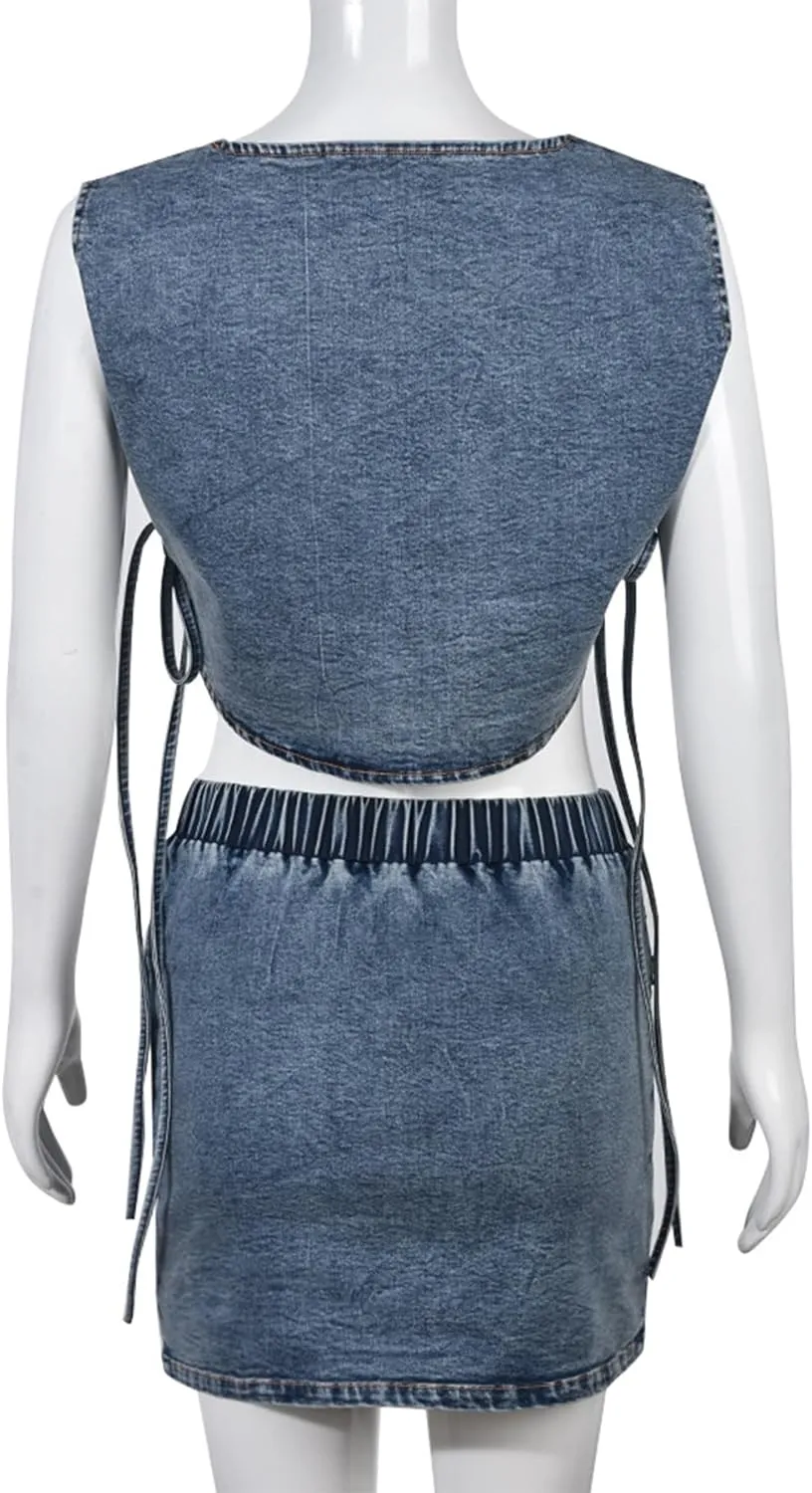 Molisry Women's 2 Piece Outfits Denim Sexy Sleeveless Tank Crop Top Elastic High Waisted Mini Jean Wrap Skirt Sets