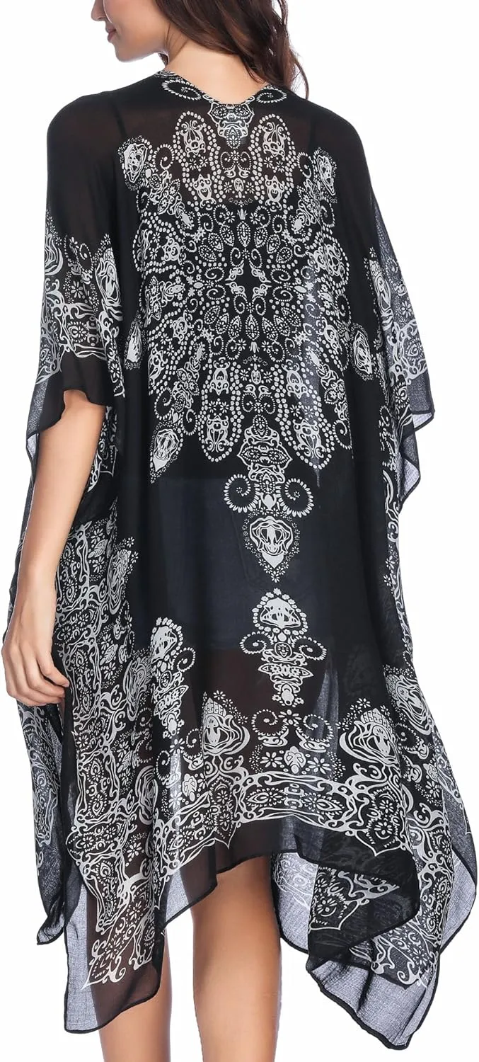 Moss Rose Women's Beach Cover up Swimsuit Kimono with Bohemian Floral Print, Loose Casual Resort Wear