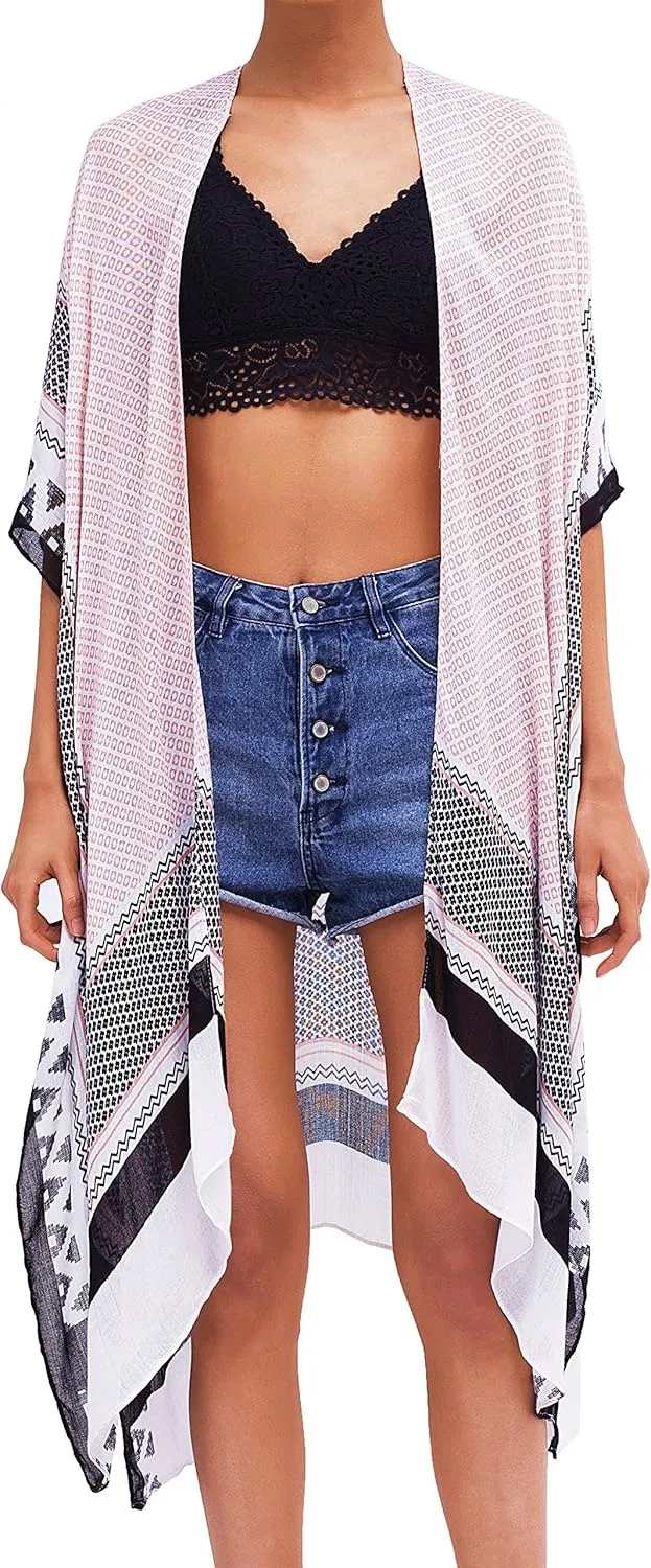 Moss Rose Women's Beach Cover up Swimsuit Kimono with Bohemian Floral Print, Loose Casual Resort Wear