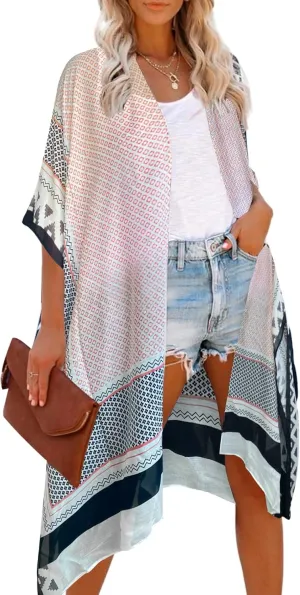 Moss Rose Women's Beach Cover up Swimsuit Kimono with Bohemian Floral Print, Loose Casual Resort Wear