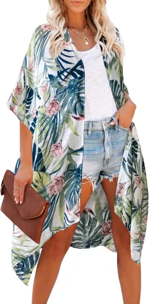 Moss Rose Women's Beach Cover up Swimsuit Kimono with Bohemian Floral Print, Loose Casual Resort Wear