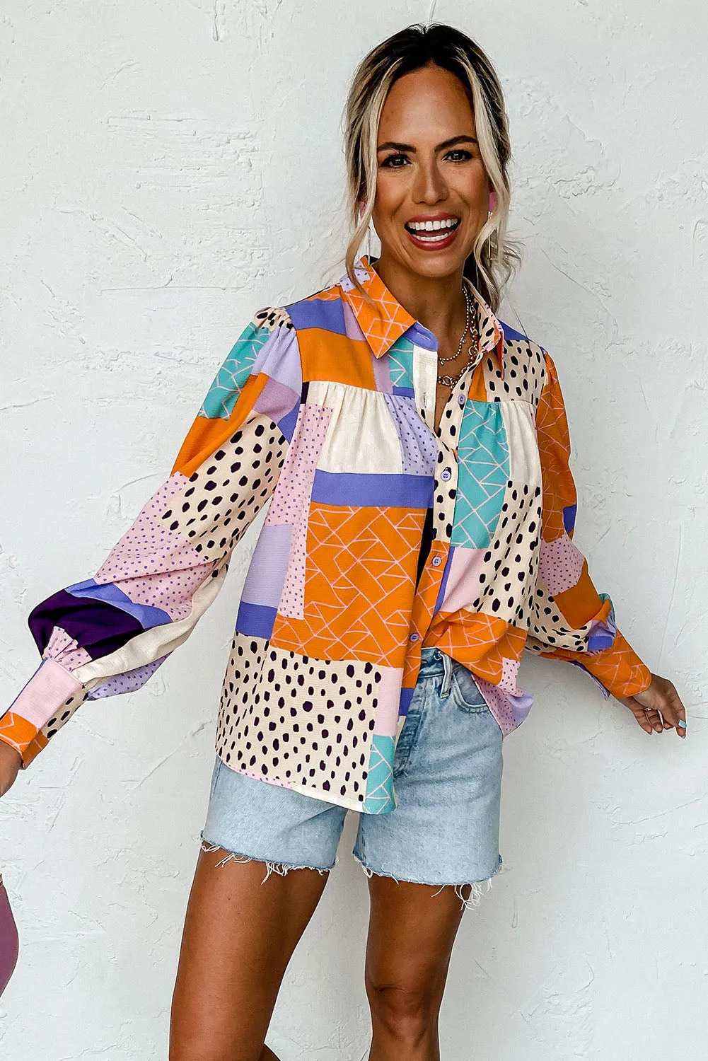 Multicolor Mixed Print Button Front Cuffed Sleeve Shirts