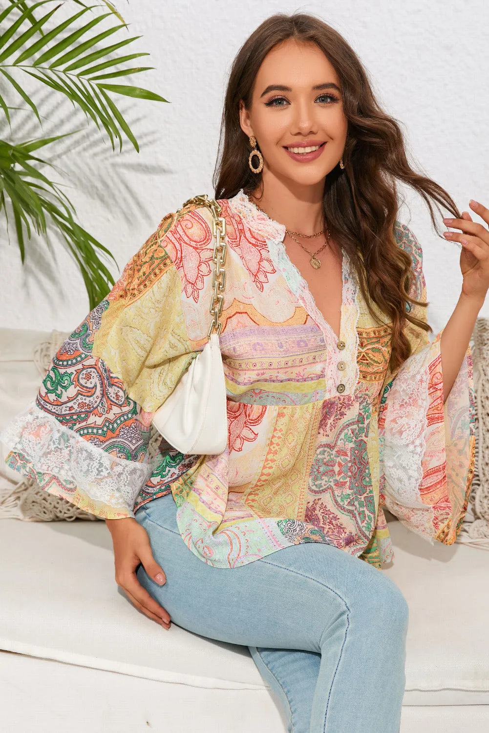 Multicolor Paisley Print Bell Sleeve Lace V-Neck Button Sheer Blouse