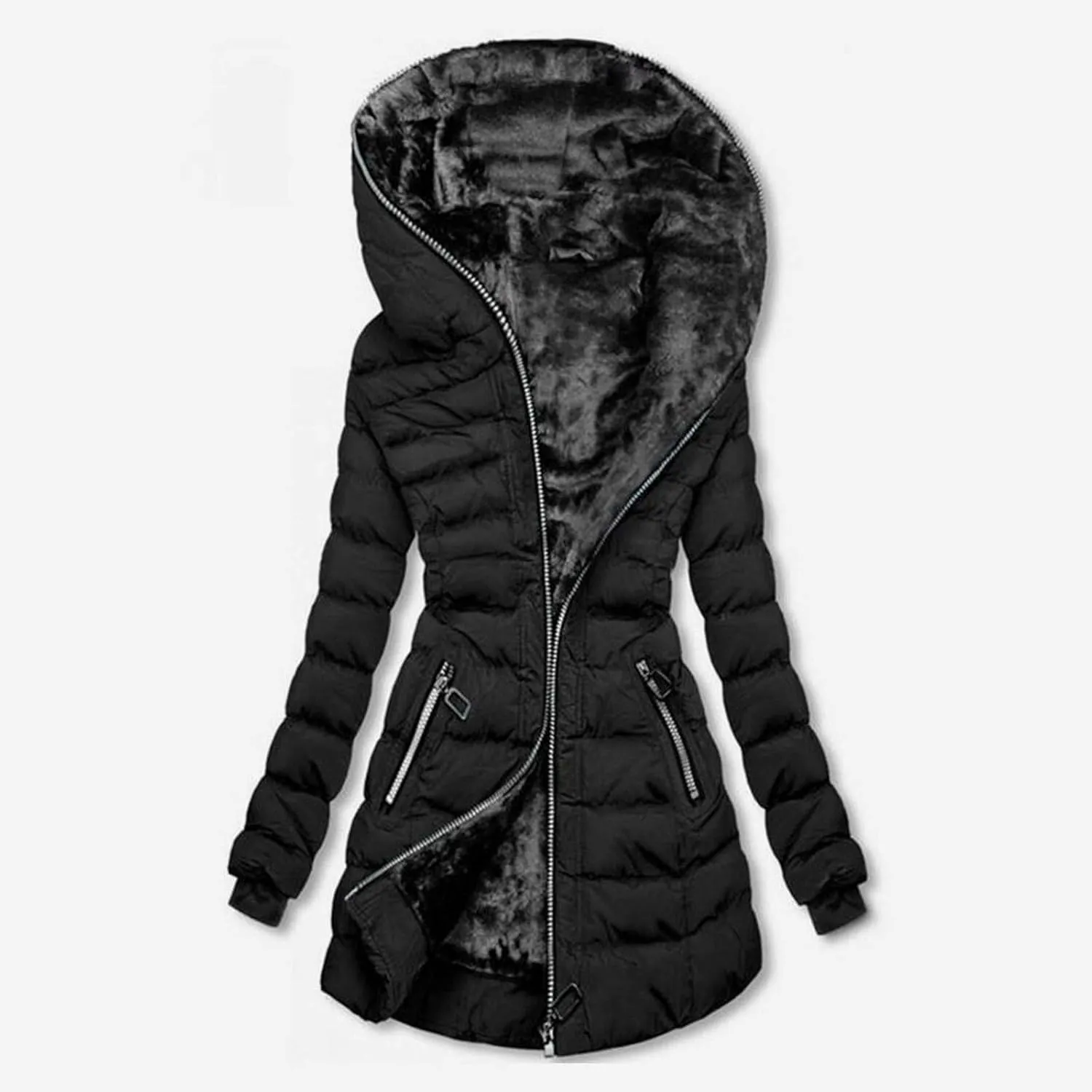 NaRHbrg Women's Vegan Down Hooded Jacket, Maxi Long Puffer Winter Warm Coat, Ladies Zip Water-Resistant Thicken Parka Outwear
