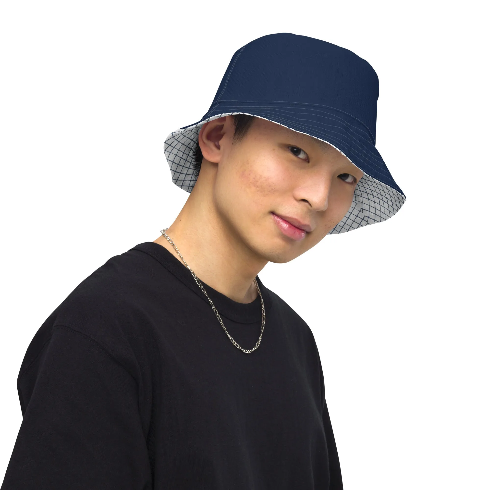Navy & White Checkered Reversible Bucket Hat, Unisex (S/M, L/XL)
