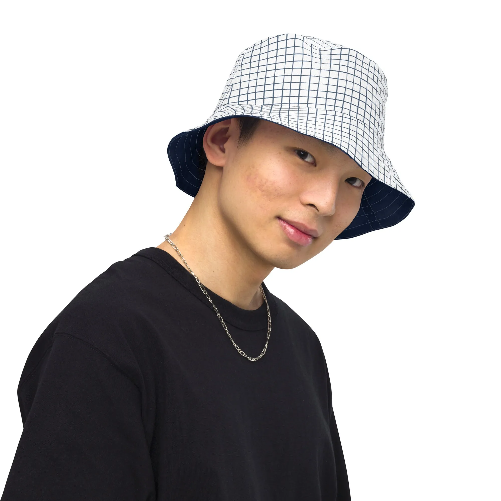 Navy & White Checkered Reversible Bucket Hat, Unisex (S/M, L/XL)
