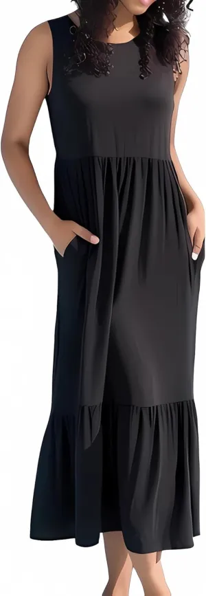 Negash Maxi Dresses for Women 2023 - Sleeveless Casual Dress with Pockets Crewneck Swing Sundress, Beach Travel and Daily