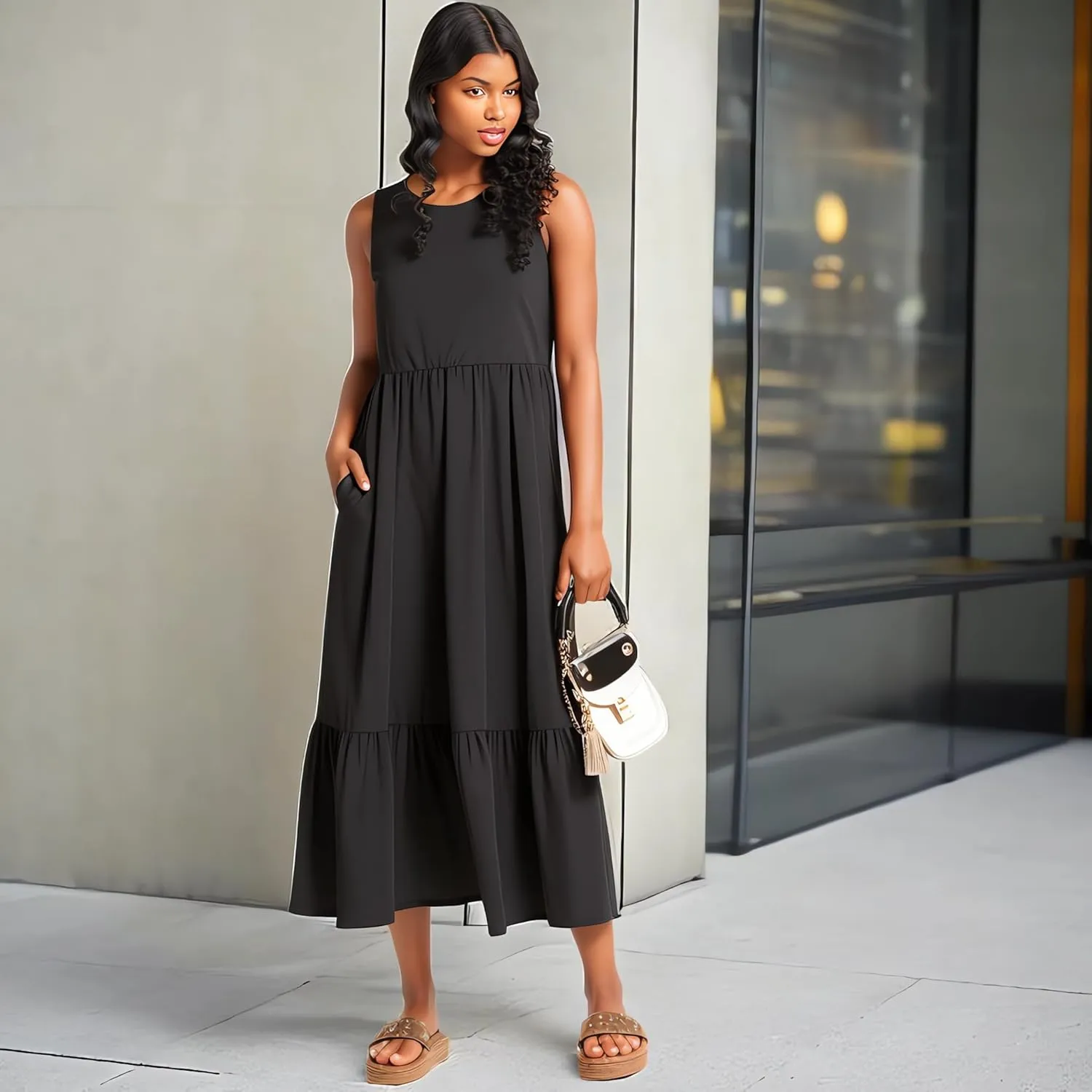 Negash Maxi Dresses for Women 2023 - Sleeveless Casual Dress with Pockets Crewneck Swing Sundress, Beach Travel and Daily