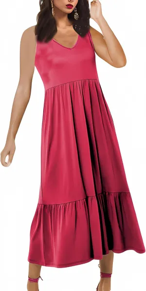 Negash Maxi Dresses for Women 2023 - Sleeveless Casual Dress with Pockets Crewneck Swing Sundress, Beach Travel and Daily