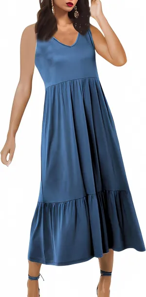 Negash Maxi Dresses for Women 2023 - Sleeveless Casual Dress with Pockets Crewneck Swing Sundress, Beach Travel and Daily