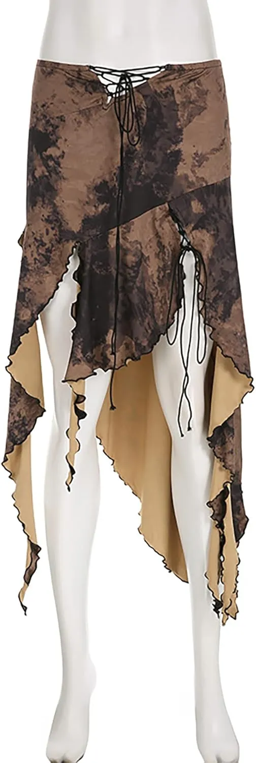 NRTHYE Vintage Midi Skirts Printed Sexy Ruffles Split Long Skirts A Line Skirt Harajuku Retro Skirts