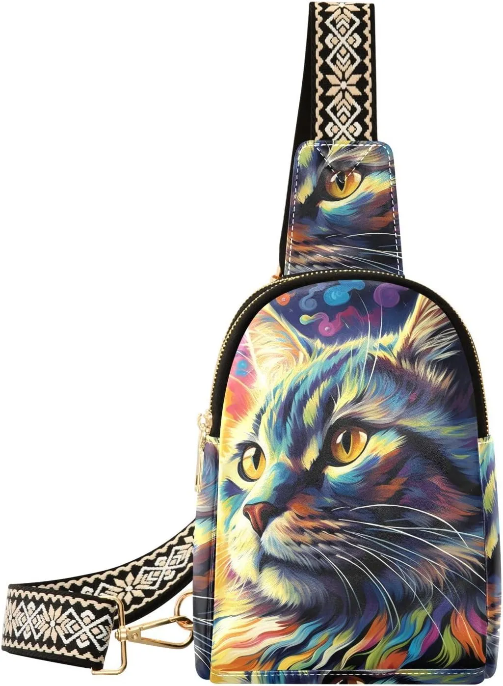 Oil Painting Cat Print Sling Bag for Women Fanny Packs for Women Small Leather Fanny Pack Crossbody Bags Fashion Waist Packs Chest Bag for Travel 21340270