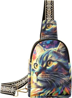 Oil Painting Cat Print Sling Bag for Women Fanny Packs for Women Small Leather Fanny Pack Crossbody Bags Fashion Waist Packs Chest Bag for Travel 21340270