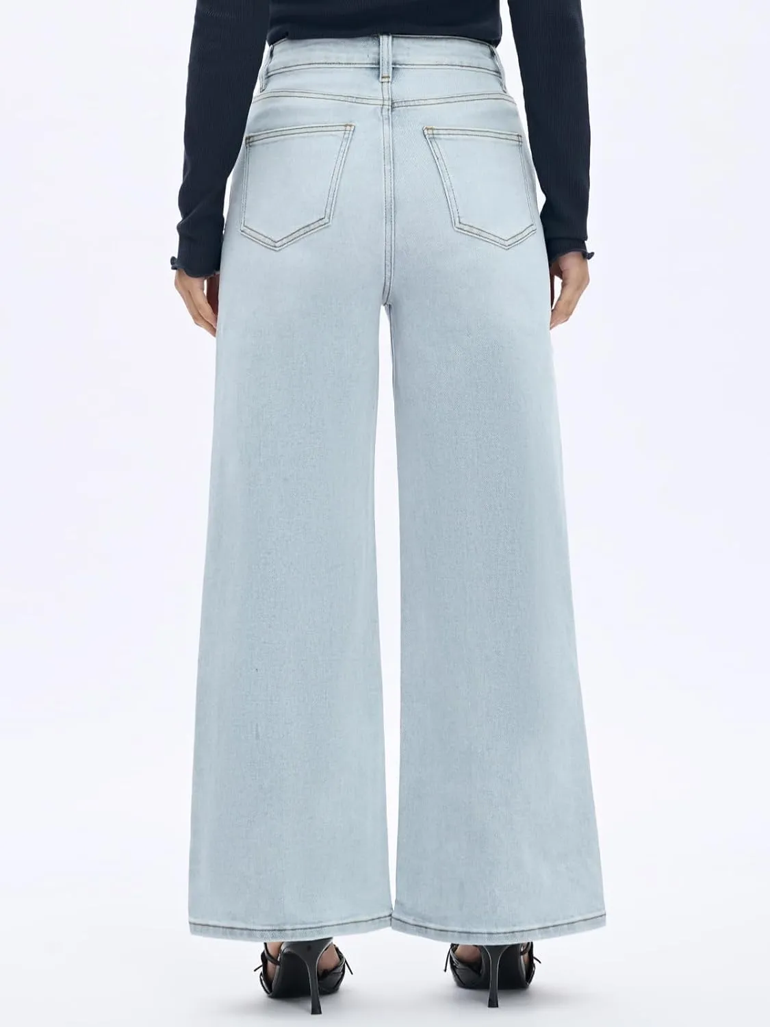 ONESO Mid-Low Rise Baggy Jeans Wide Leg for Women Distressed Pants Stretchy Bottom Lady Basic Comfortable Denim