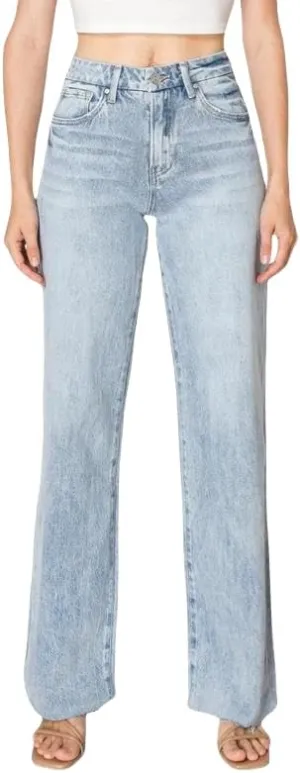 ONESO Mid-Low Rise Baggy Jeans Wide Leg for Women Distressed Pants Stretchy Bottom Lady Basic Comfortable Denim