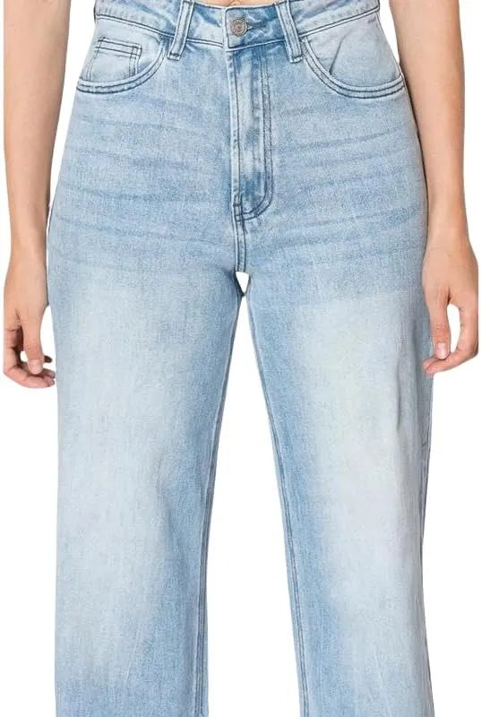ONESO Mid-Low Rise Baggy Jeans Wide Leg for Women Distressed Pants Stretchy Bottom Lady Basic Comfortable Denim