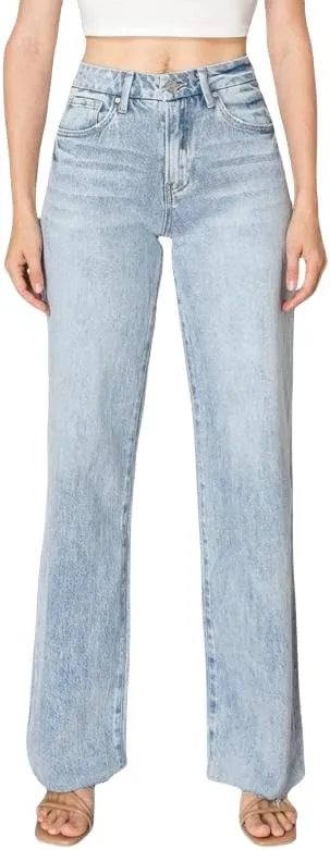ONESO Mid-Low Rise Baggy Jeans Wide Leg for Women Distressed Pants Stretchy Bottom Lady Basic Comfortable Denim