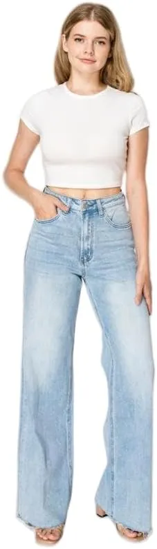 ONESO Mid-Low Rise Baggy Jeans Wide Leg for Women Distressed Pants Stretchy Bottom Lady Basic Comfortable Denim