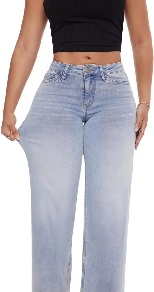 ONESO Mid-Low Rise Baggy Jeans Wide Leg for Women Distressed Pants Stretchy Bottom Lady Basic Comfortable Denim
