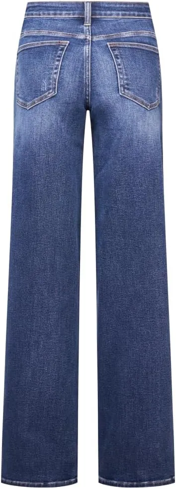 ONESO Mid-Low Rise Baggy Jeans Wide Leg for Women Distressed Pants Stretchy Bottom Lady Basic Comfortable Denim
