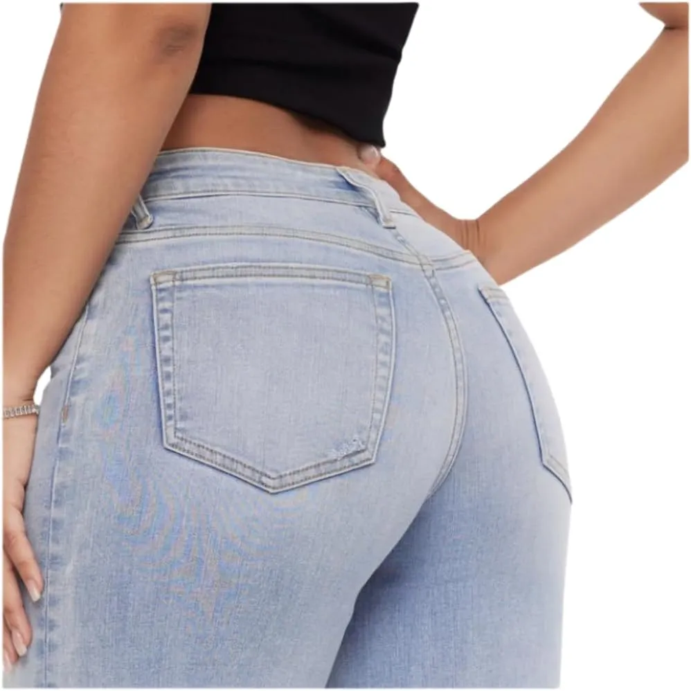 ONESO Mid-Low Rise Baggy Jeans Wide Leg for Women Distressed Pants Stretchy Bottom Lady Basic Comfortable Denim