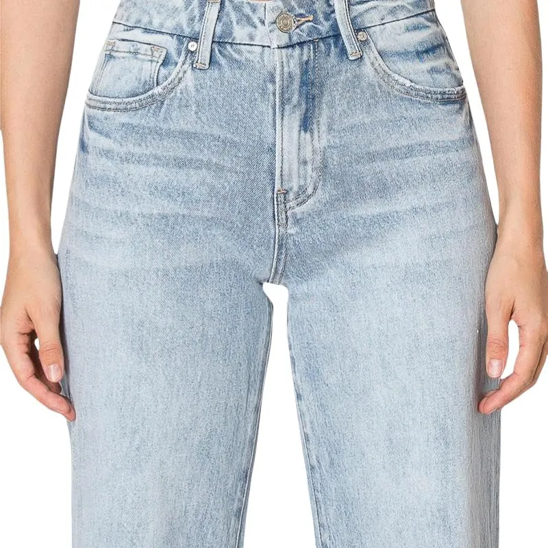 ONESO Mid-Low Rise Baggy Jeans Wide Leg for Women Distressed Pants Stretchy Bottom Lady Basic Comfortable Denim