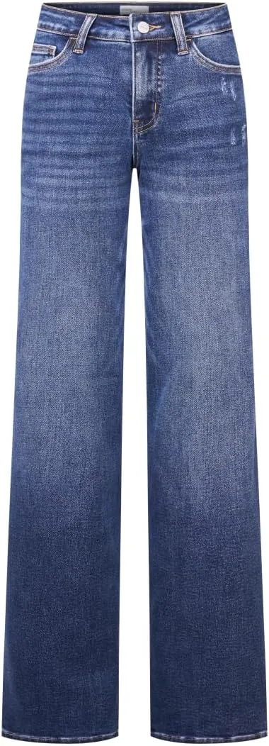 ONESO Mid-Low Rise Baggy Jeans Wide Leg for Women Distressed Pants Stretchy Bottom Lady Basic Comfortable Denim