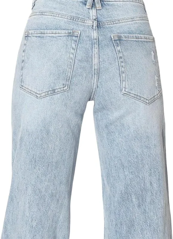 ONESO Mid-Low Rise Baggy Jeans Wide Leg for Women Distressed Pants Stretchy Bottom Lady Basic Comfortable Denim