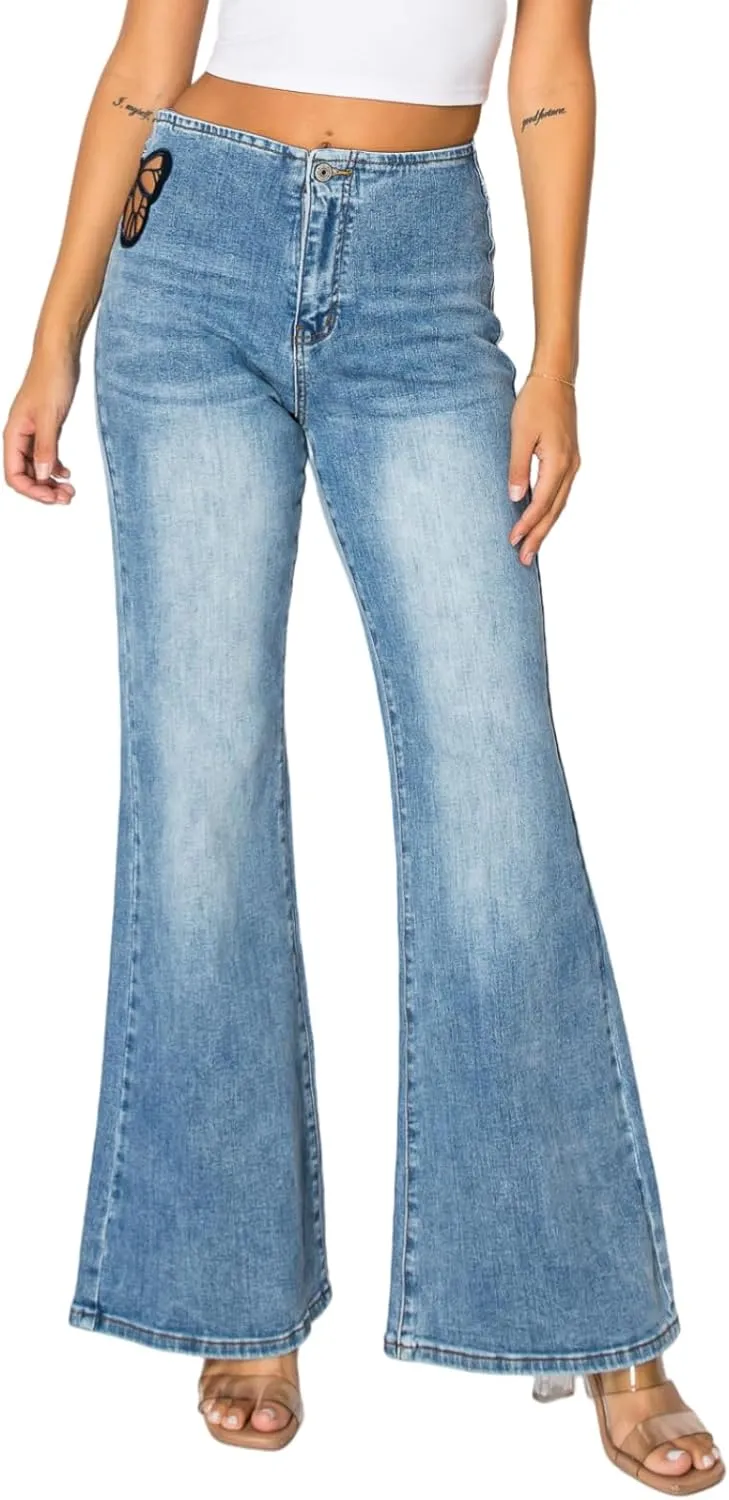 ONESO Mid-Low Rise Baggy Jeans Wide Leg for Women Distressed Pants Stretchy Bottom Lady Basic Comfortable Denim