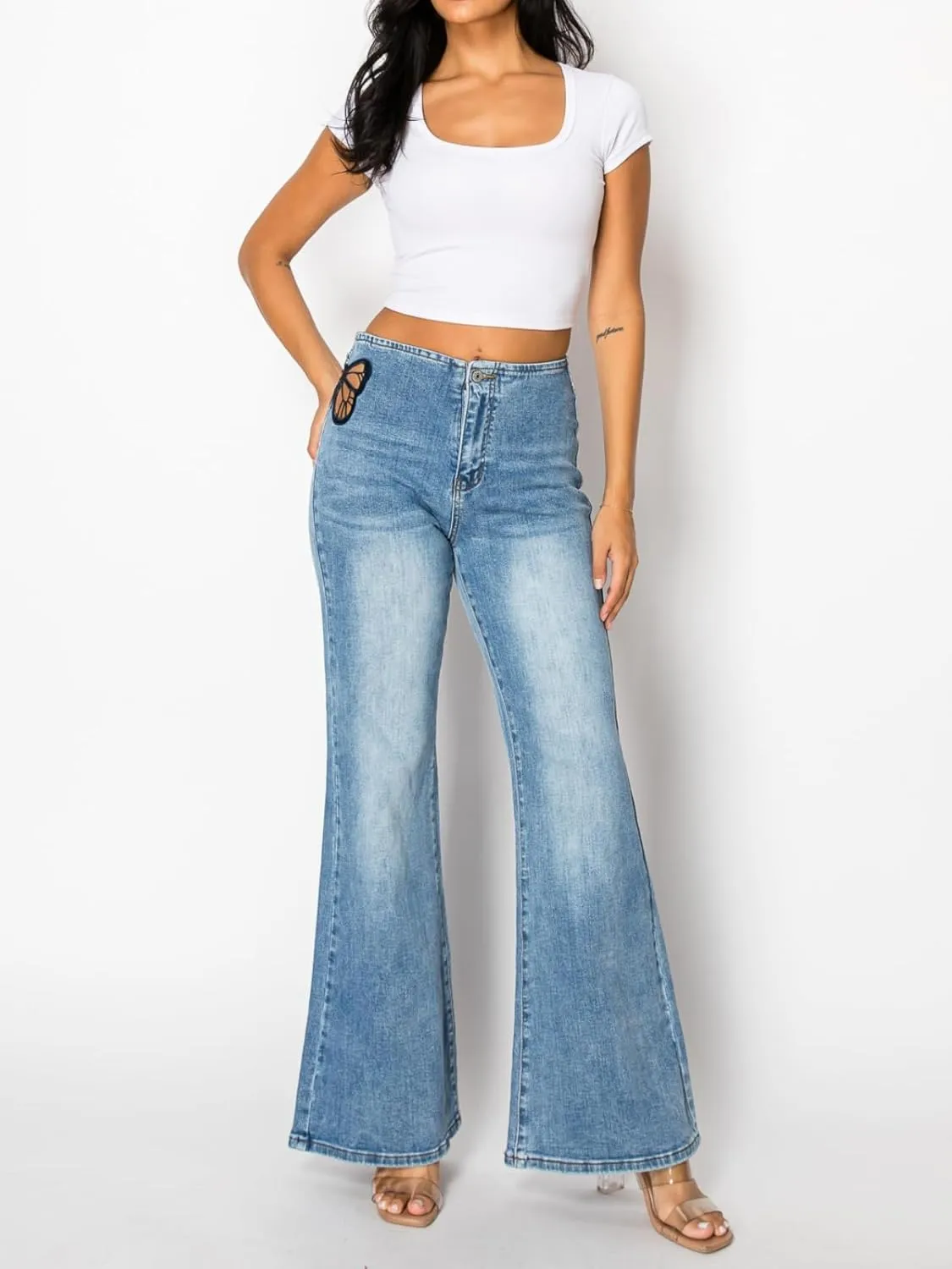 ONESO Mid-Low Rise Baggy Jeans Wide Leg for Women Distressed Pants Stretchy Bottom Lady Basic Comfortable Denim
