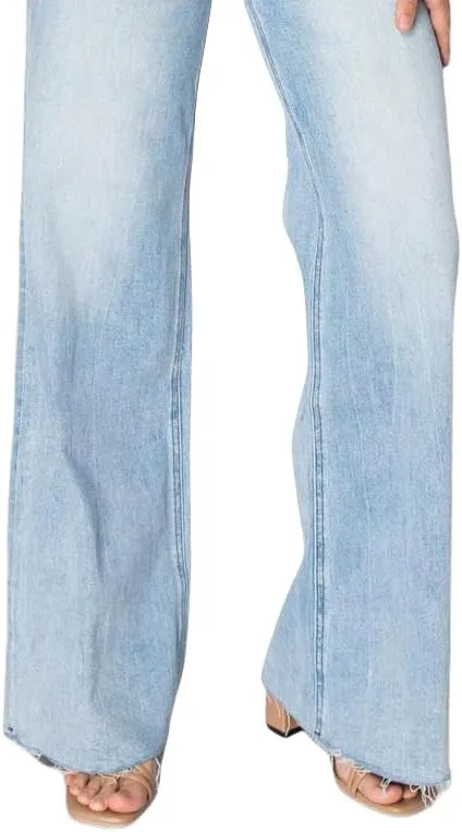 ONESO Mid-Low Rise Baggy Jeans Wide Leg for Women Distressed Pants Stretchy Bottom Lady Basic Comfortable Denim