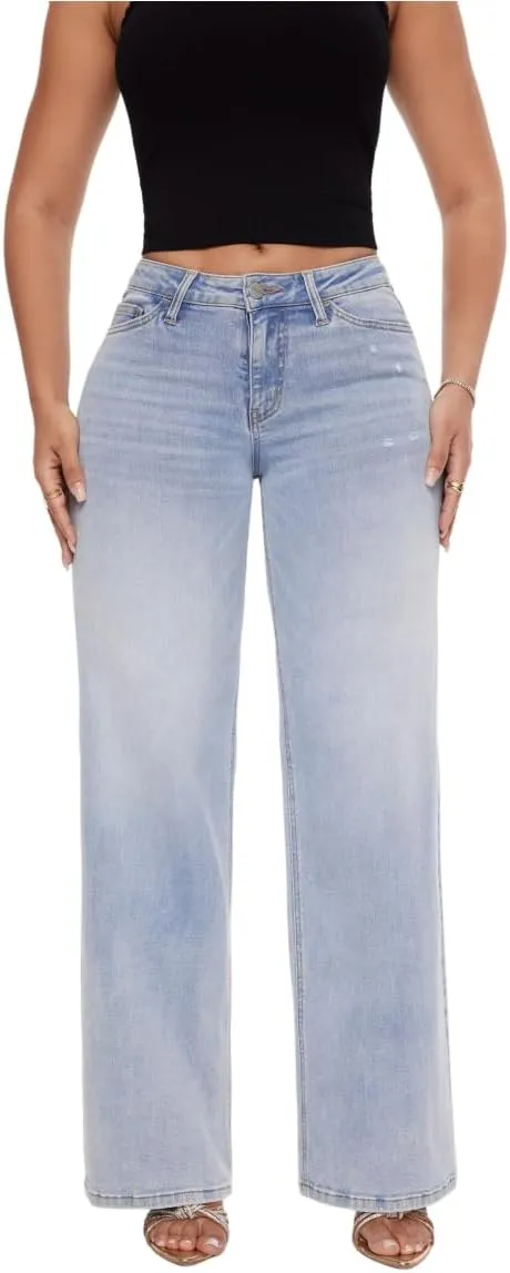 ONESO Mid-Low Rise Baggy Jeans Wide Leg for Women Distressed Pants Stretchy Bottom Lady Basic Comfortable Denim
