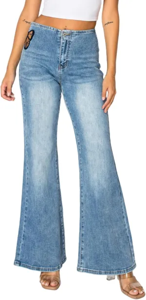 ONESO Mid-Low Rise Baggy Jeans Wide Leg for Women Distressed Pants Stretchy Bottom Lady Basic Comfortable Denim