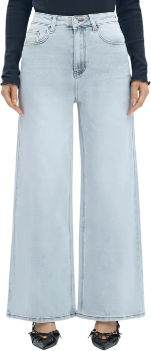 ONESO Mid-Low Rise Baggy Jeans Wide Leg for Women Distressed Pants Stretchy Bottom Lady Basic Comfortable Denim
