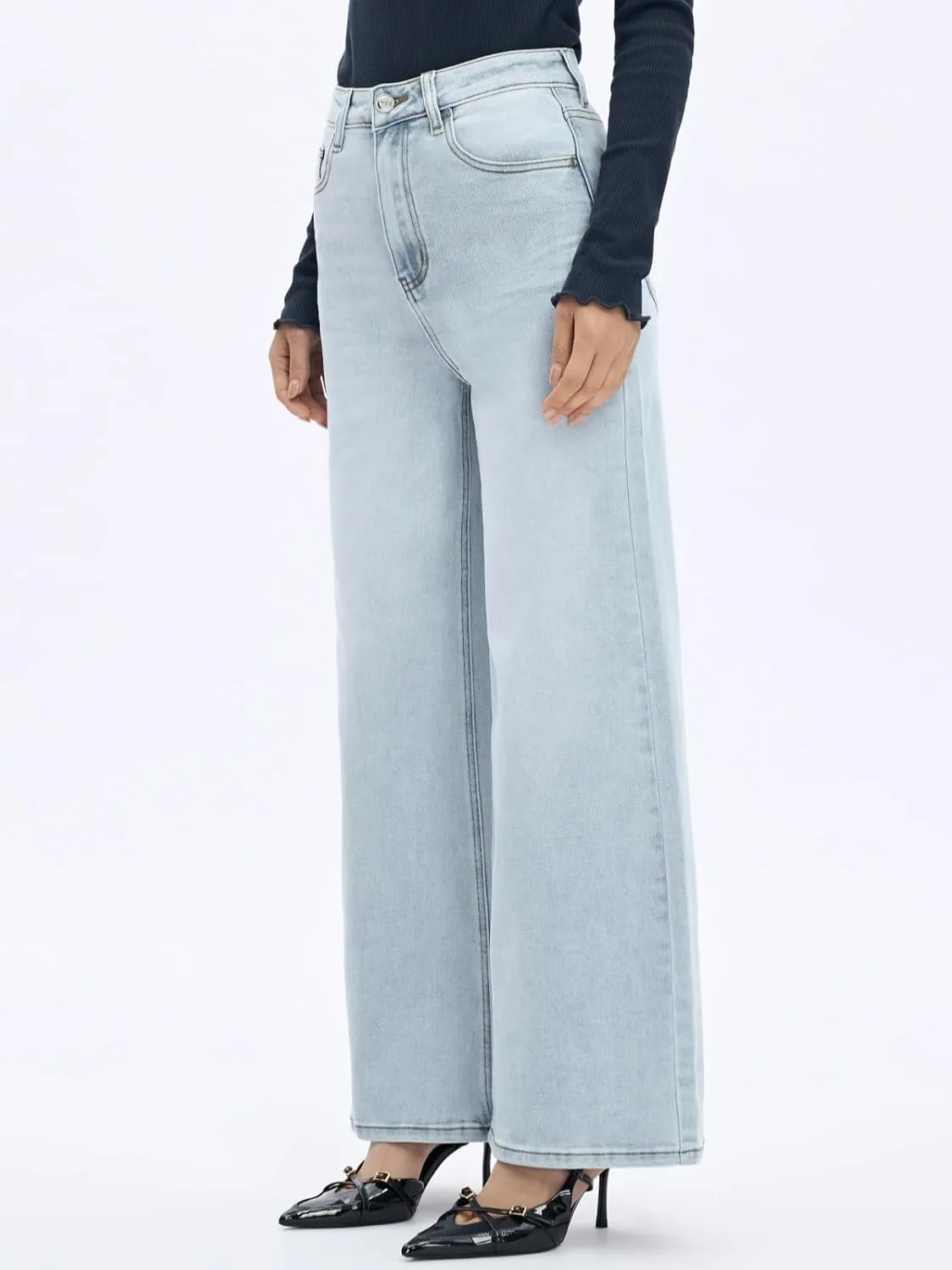 ONESO Mid-Low Rise Baggy Jeans Wide Leg for Women Distressed Pants Stretchy Bottom Lady Basic Comfortable Denim