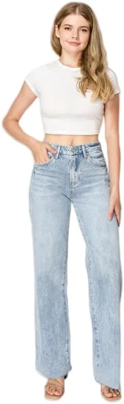 ONESO Mid-Low Rise Baggy Jeans Wide Leg for Women Distressed Pants Stretchy Bottom Lady Basic Comfortable Denim