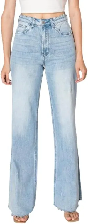 ONESO Mid-Low Rise Baggy Jeans Wide Leg for Women Distressed Pants Stretchy Bottom Lady Basic Comfortable Denim
