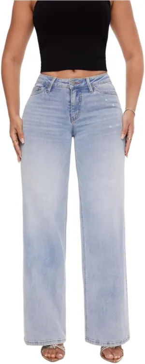 ONESO Mid-Low Rise Baggy Jeans Wide Leg for Women Distressed Pants Stretchy Bottom Lady Basic Comfortable Denim
