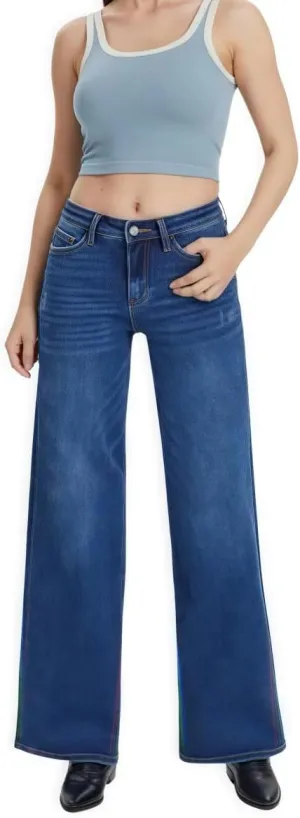 ONESO Mid-Low Rise Baggy Jeans Wide Leg for Women Distressed Pants Stretchy Bottom Lady Basic Comfortable Denim