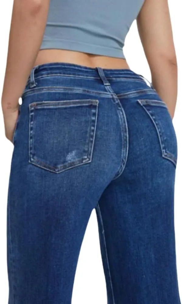 ONESO Mid-Low Rise Baggy Jeans Wide Leg for Women Distressed Pants Stretchy Bottom Lady Basic Comfortable Denim