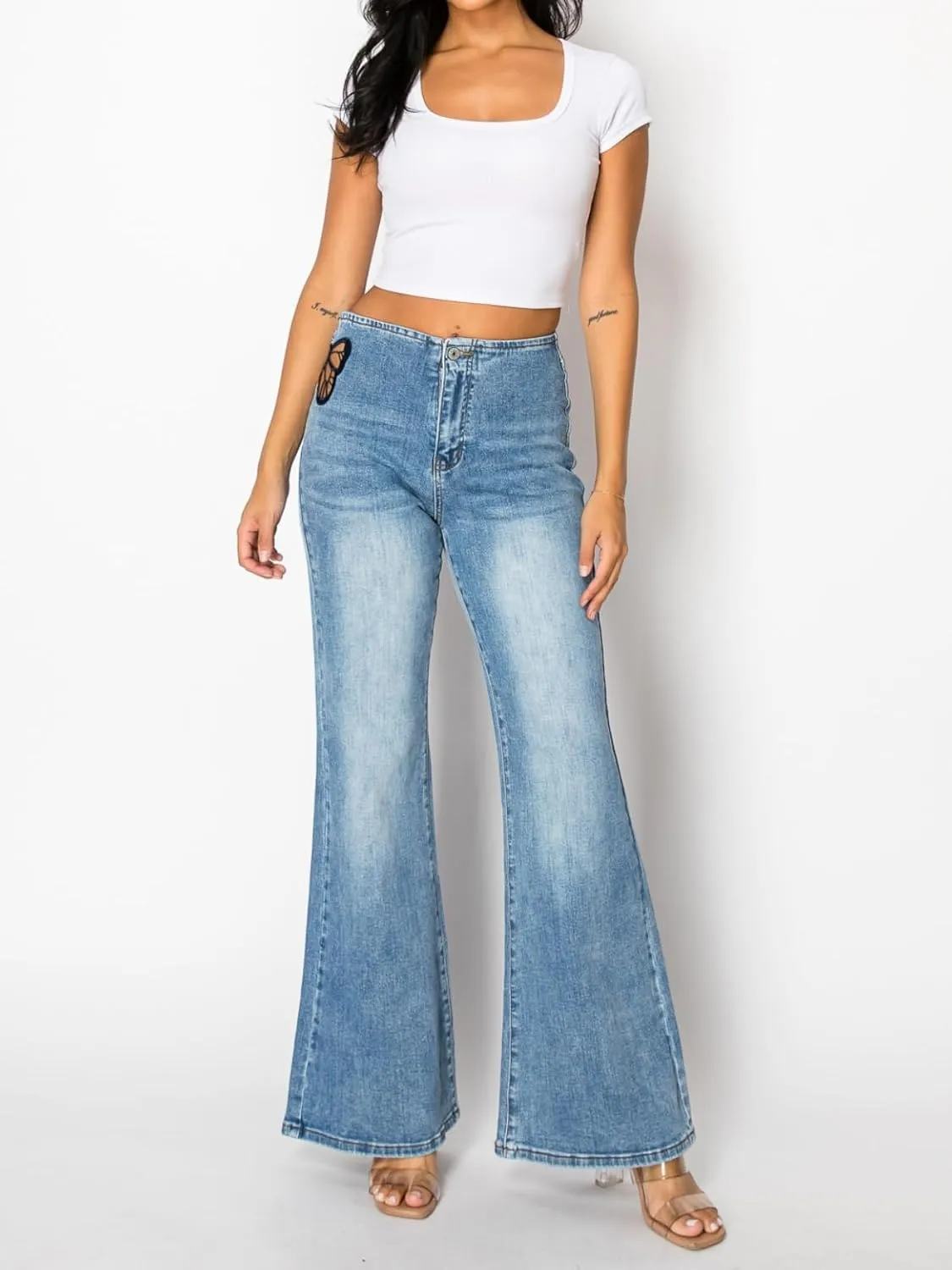 ONESO Mid-Low Rise Baggy Jeans Wide Leg for Women Distressed Pants Stretchy Bottom Lady Basic Comfortable Denim
