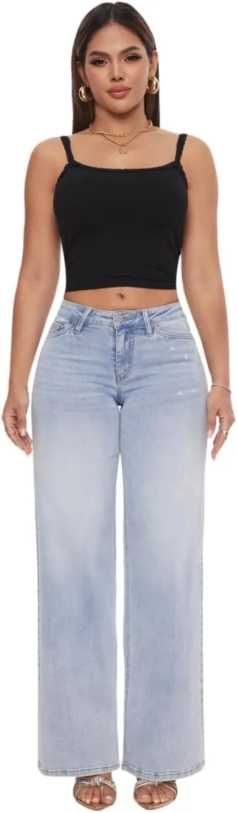 ONESO Mid-Low Rise Baggy Jeans Wide Leg for Women Distressed Pants Stretchy Bottom Lady Basic Comfortable Denim