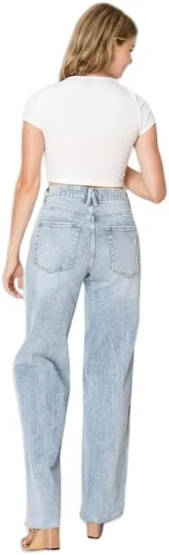 ONESO Mid-Low Rise Baggy Jeans Wide Leg for Women Distressed Pants Stretchy Bottom Lady Basic Comfortable Denim