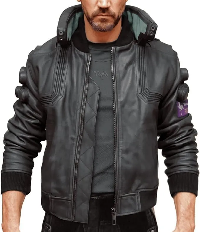 Original Charcoal Black Ultimate Samurai Punk Gaming Bomber Leather Cosplay Jacket - Men's Cyborg Black Cyber Jacket