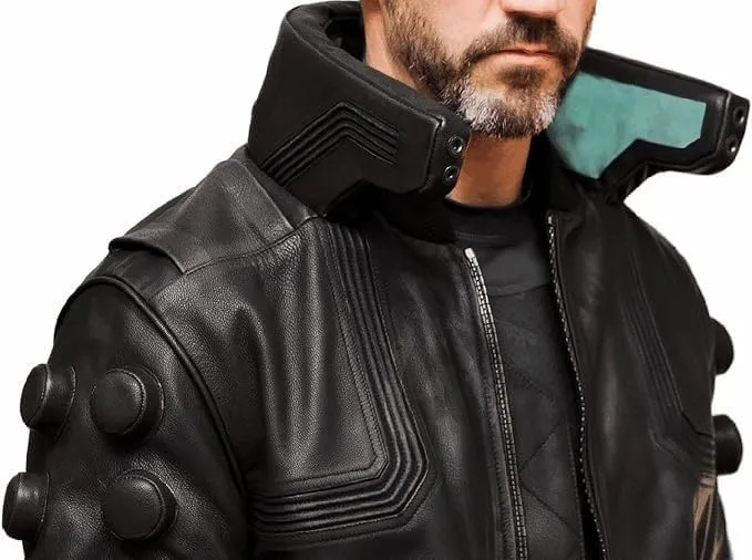 Original Charcoal Black Ultimate Samurai Punk Gaming Bomber Leather Cosplay Jacket - Men's Cyborg Black Cyber Jacket