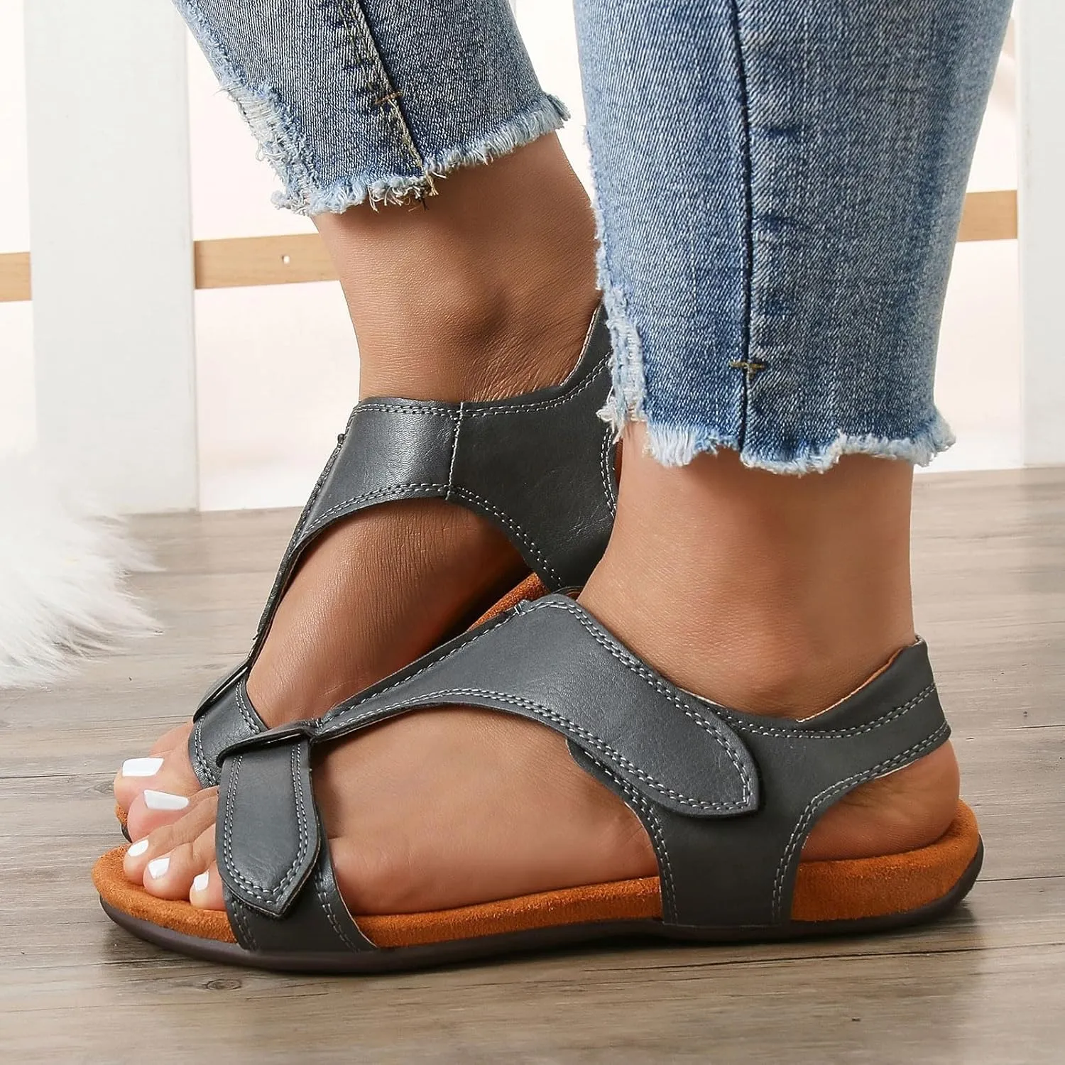 Orthopedic Sandals for Womens Dressy Summer T-Strap Walking Comfortable Soft Cushion Outdoor Flat Beach Arch Support Shoes 2025 Wedge Non Slip Flip Flops PU Leather T-Strap Sandal Dress Flats